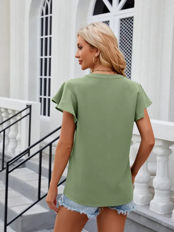 Solid Color Blouse | V-Neck & Flounce Sleeves Top