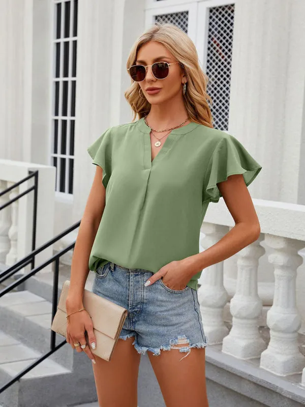 Solid Color Blouse | V-Neck & Flounce Sleeves Top