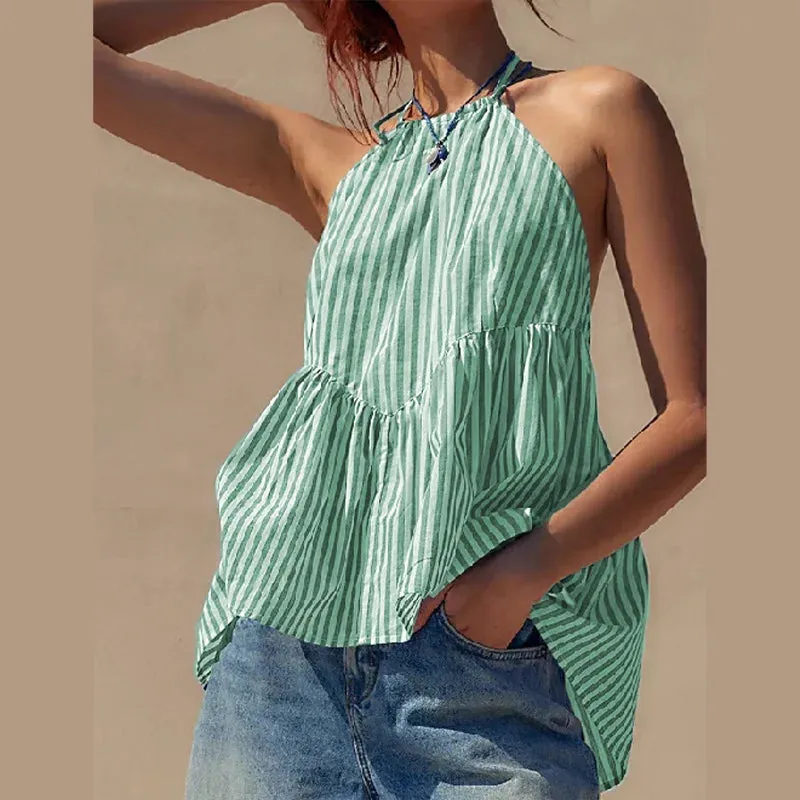 TAVIMART  -  Striped Halterneck Tops Women 2024 Summer Sexy Straps Backless Shirts Blouses Female Casual Sleeveless Y2k Holiday Beachweaer