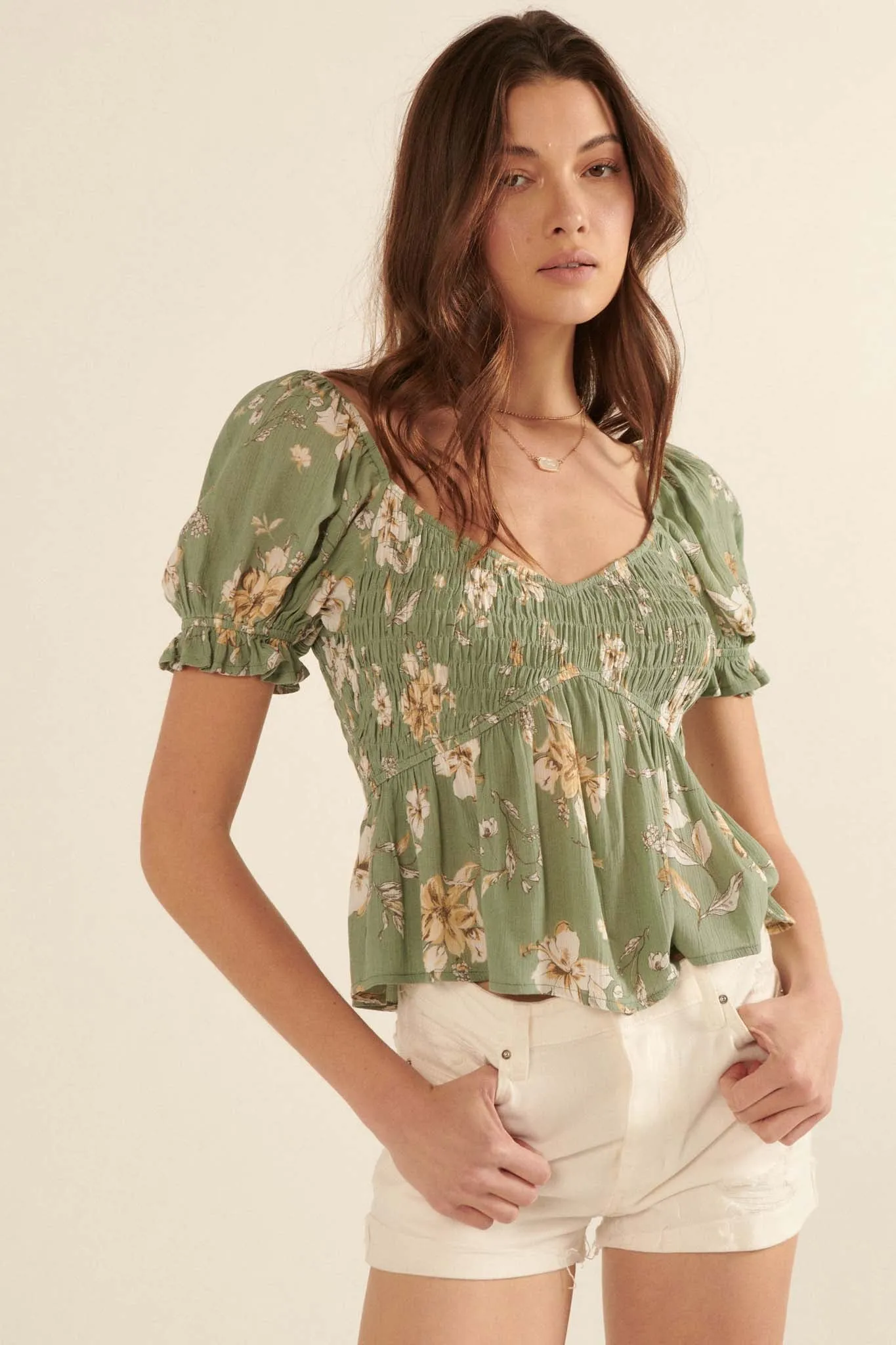 Thoughts of Love Smocked Floral Peasant Top