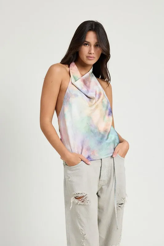 Tie Dye Backless Sleeveless Cowl Neck Top New Women's Fashion Blouse KESLEY