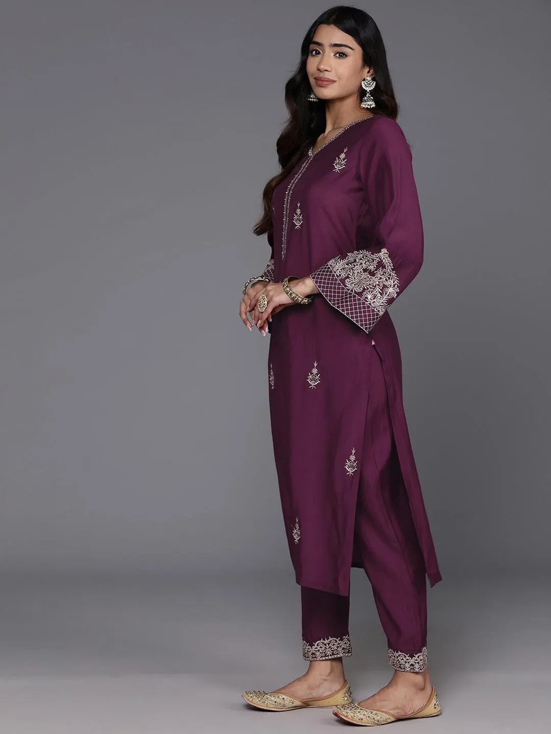 Varanga Women Magenta Embroidered Straight Kurta Paired With Tonal Bottom And Dupatta