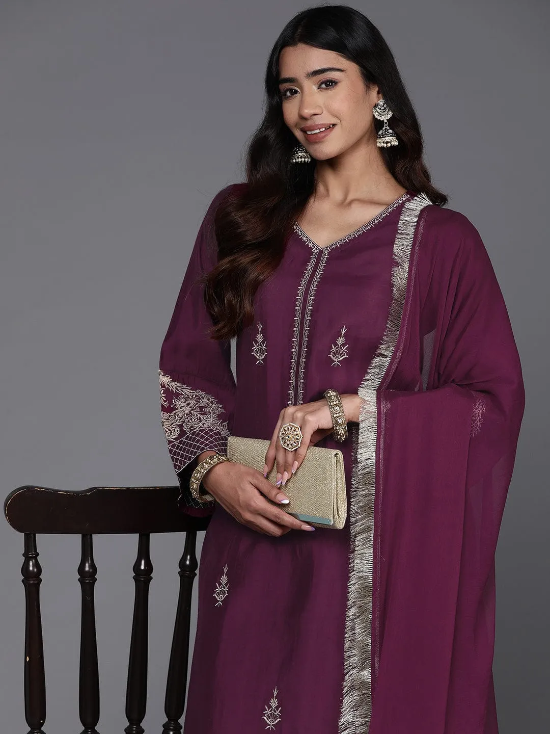 Varanga Women Magenta Embroidered Straight Kurta Paired With Tonal Bottom And Dupatta