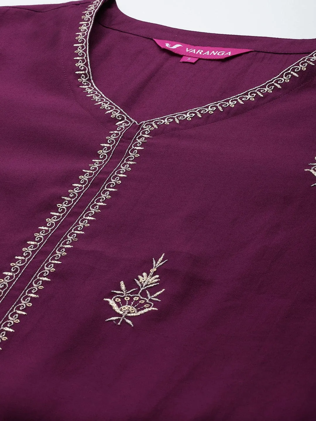 Varanga Women Magenta Embroidered Straight Kurta Paired With Tonal Bottom And Dupatta