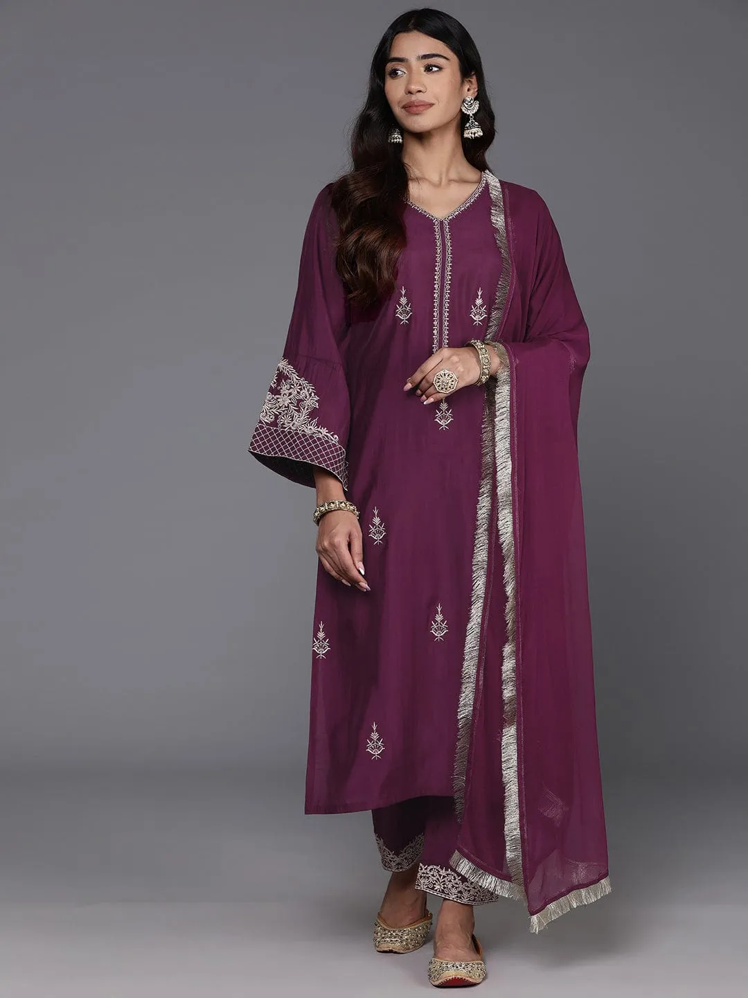 Varanga Women Magenta Embroidered Straight Kurta Paired With Tonal Bottom And Dupatta