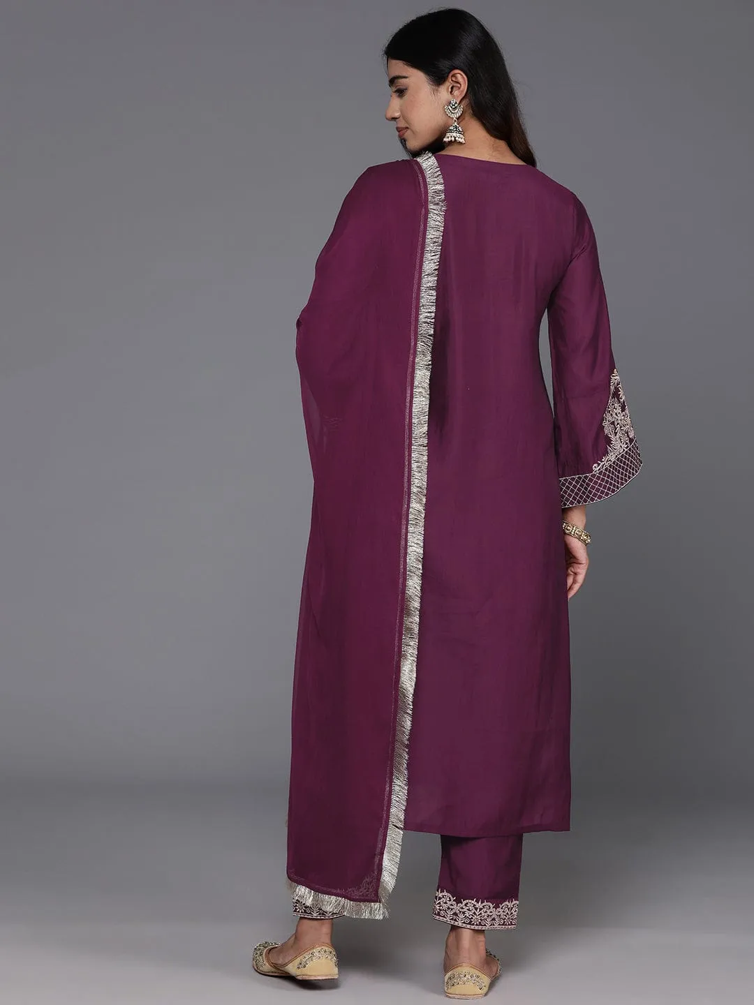 Varanga Women Magenta Embroidered Straight Kurta Paired With Tonal Bottom And Dupatta