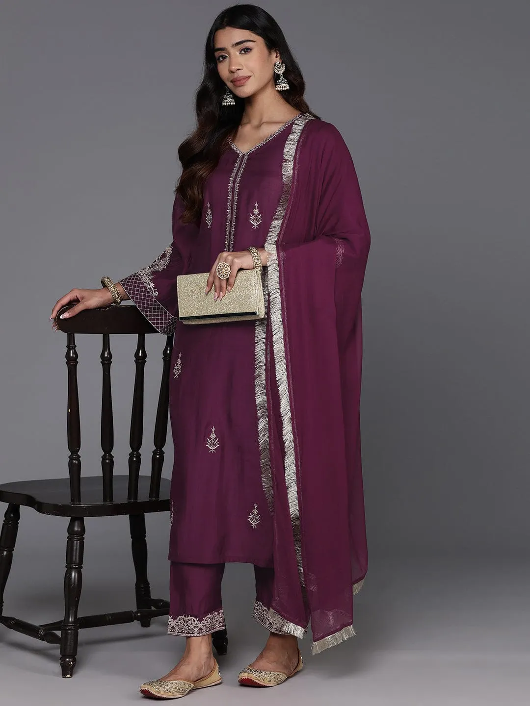 Varanga Women Magenta Embroidered Straight Kurta Paired With Tonal Bottom And Dupatta