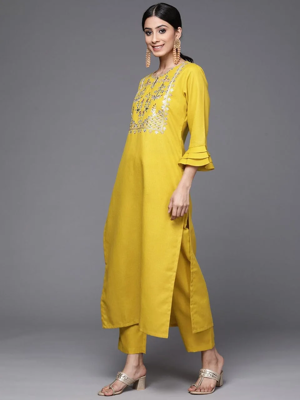 Varanga Women Mustard Yellow Yoke Design Mirror Work Cotton Kurta with Trousers & Dupatta