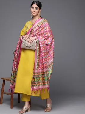 Varanga Women Mustard Yellow Yoke Design Mirror Work Cotton Kurta with Trousers & Dupatta