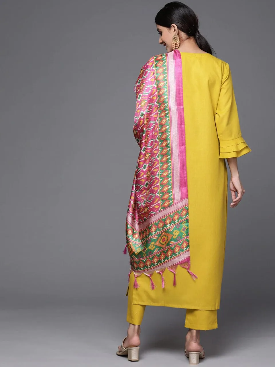 Varanga Women Mustard Yellow Yoke Design Mirror Work Cotton Kurta with Trousers & Dupatta