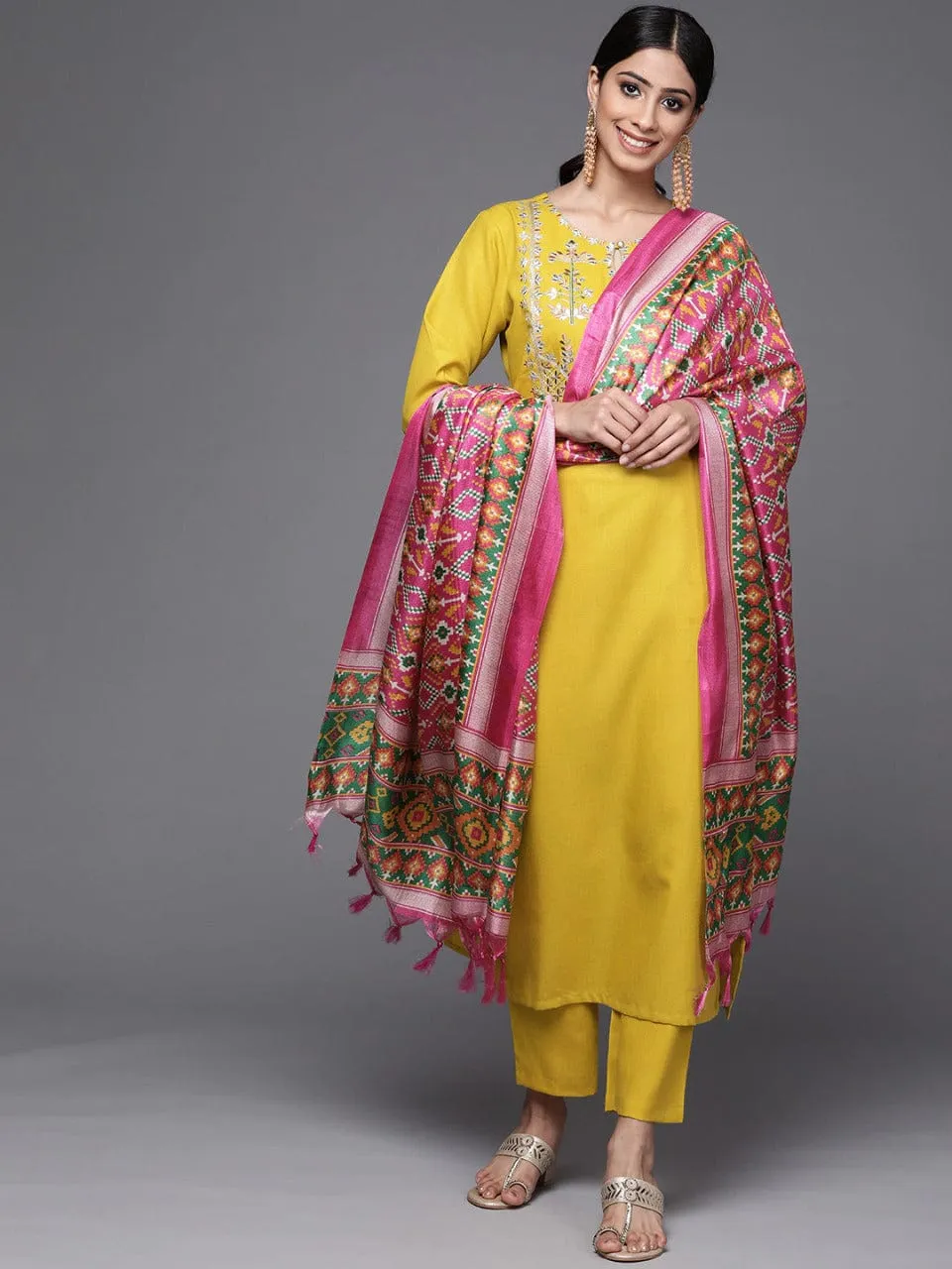 Varanga Women Mustard Yellow Yoke Design Mirror Work Cotton Kurta with Trousers & Dupatta