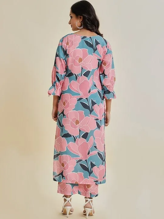 Varanga Women Teal And Pink Floral Printed Straight Kurta Paired With Bottom