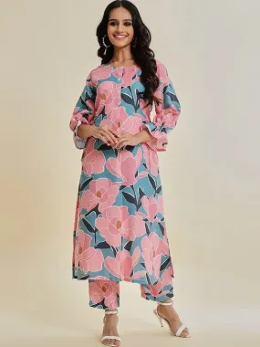 Varanga Women Teal And Pink Floral Printed Straight Kurta Paired With Bottom