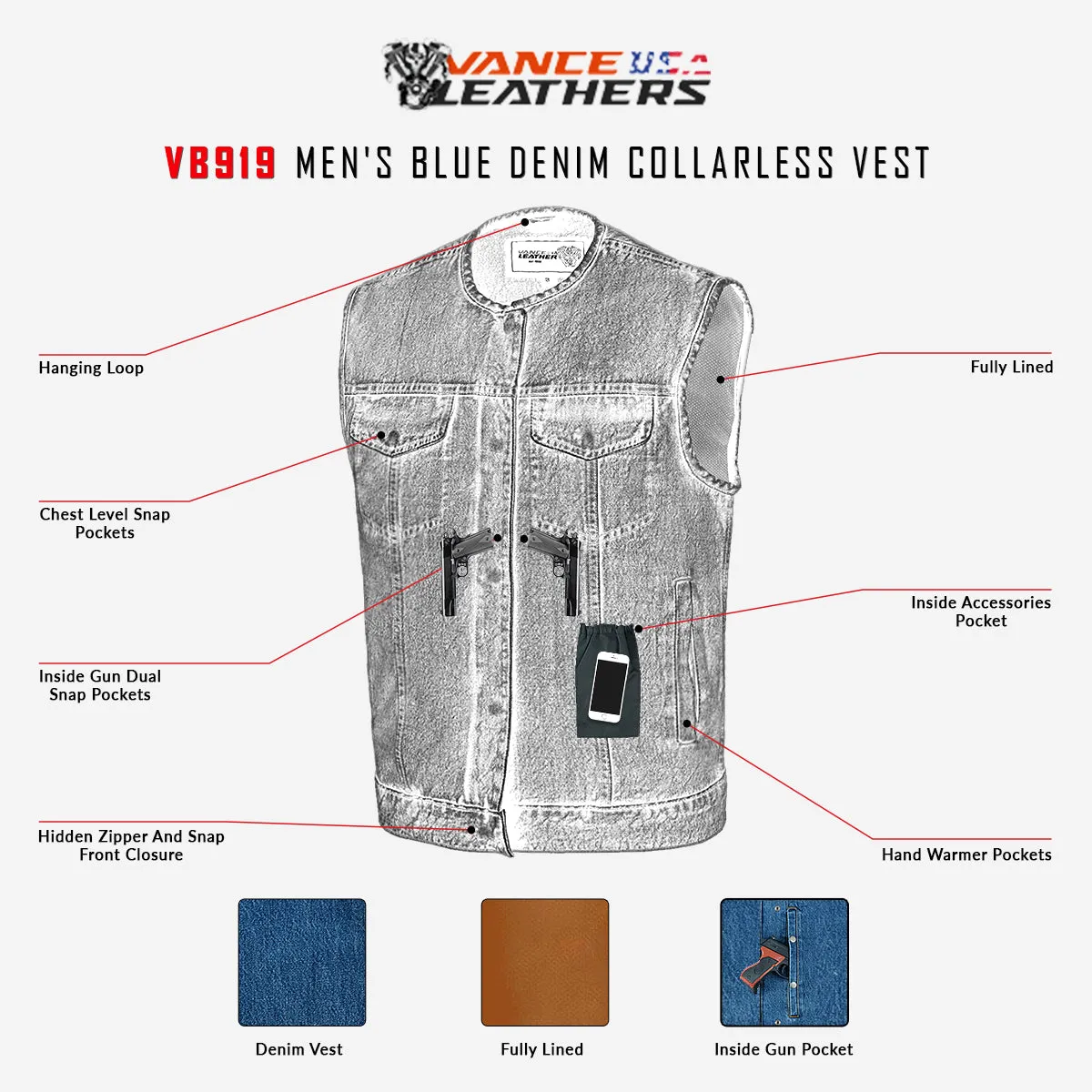 VB919BL Men's Blue Denim Collarless Vest