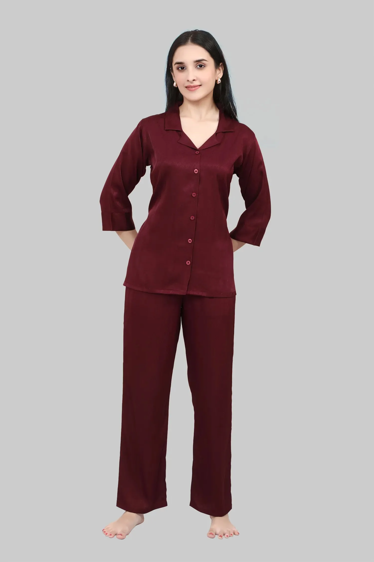 Velure Casual Maroon Satin Night Suit