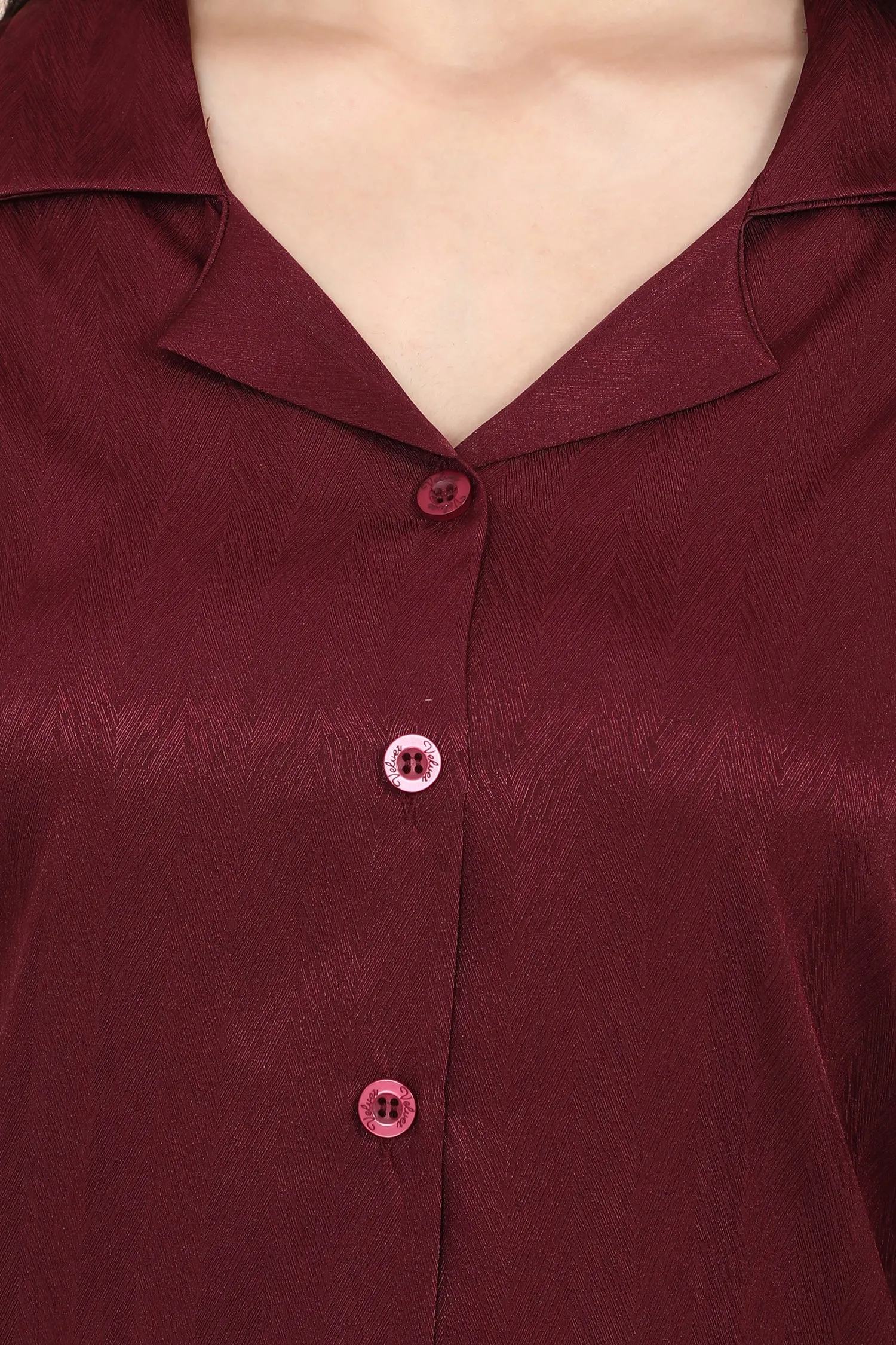 Velure Casual Maroon Satin Night Suit