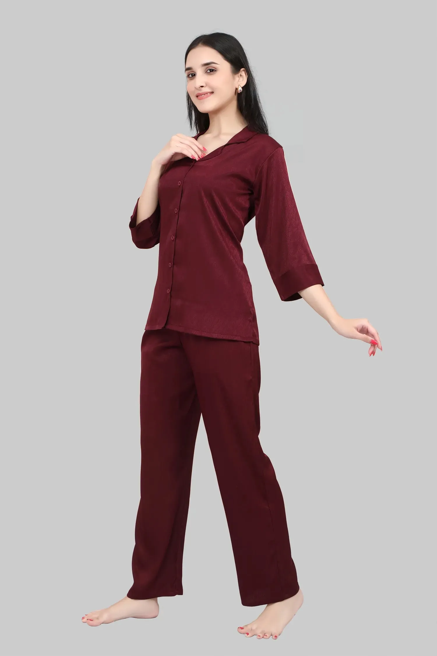 Velure Casual Maroon Satin Night Suit