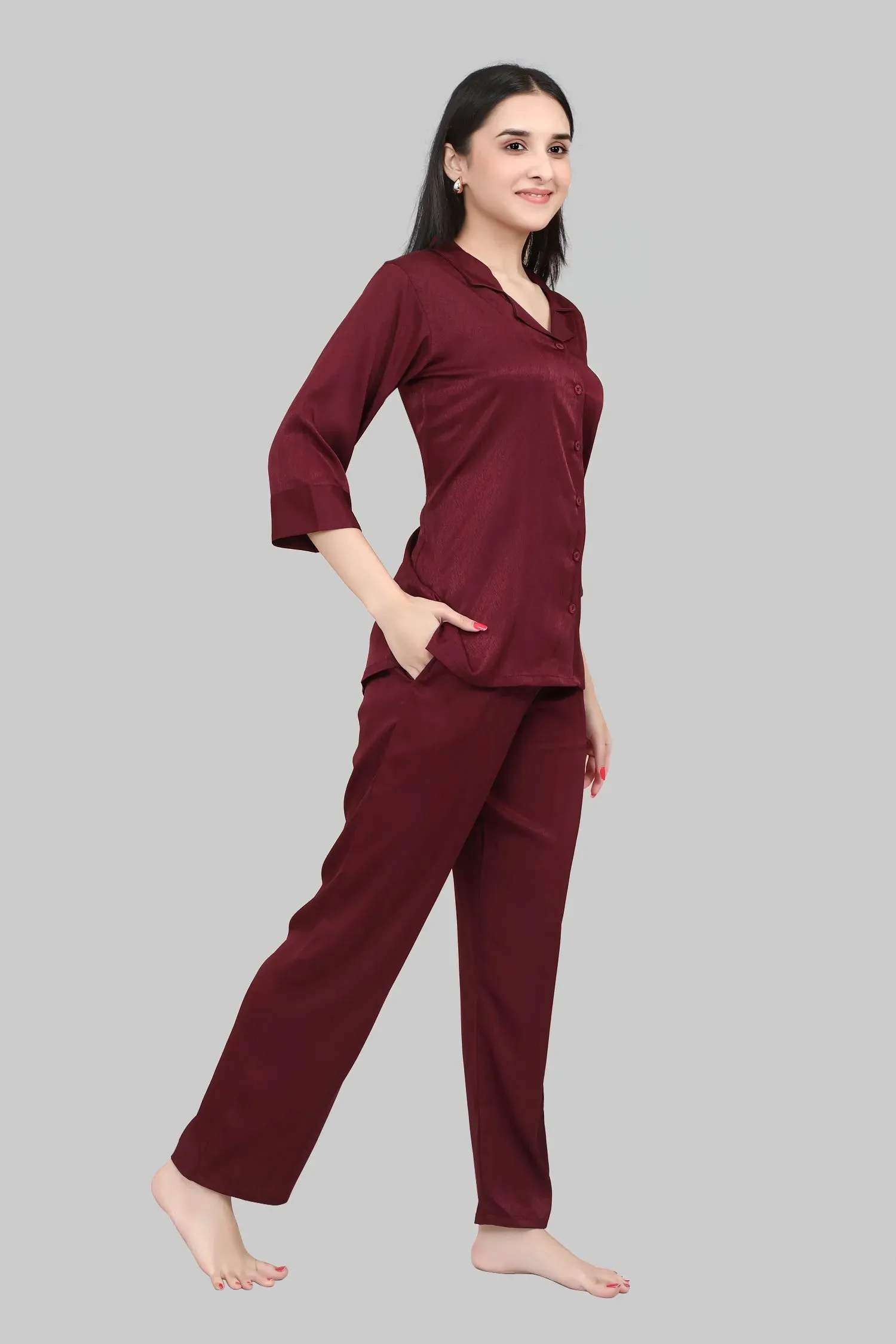 Velure Casual Maroon Satin Night Suit