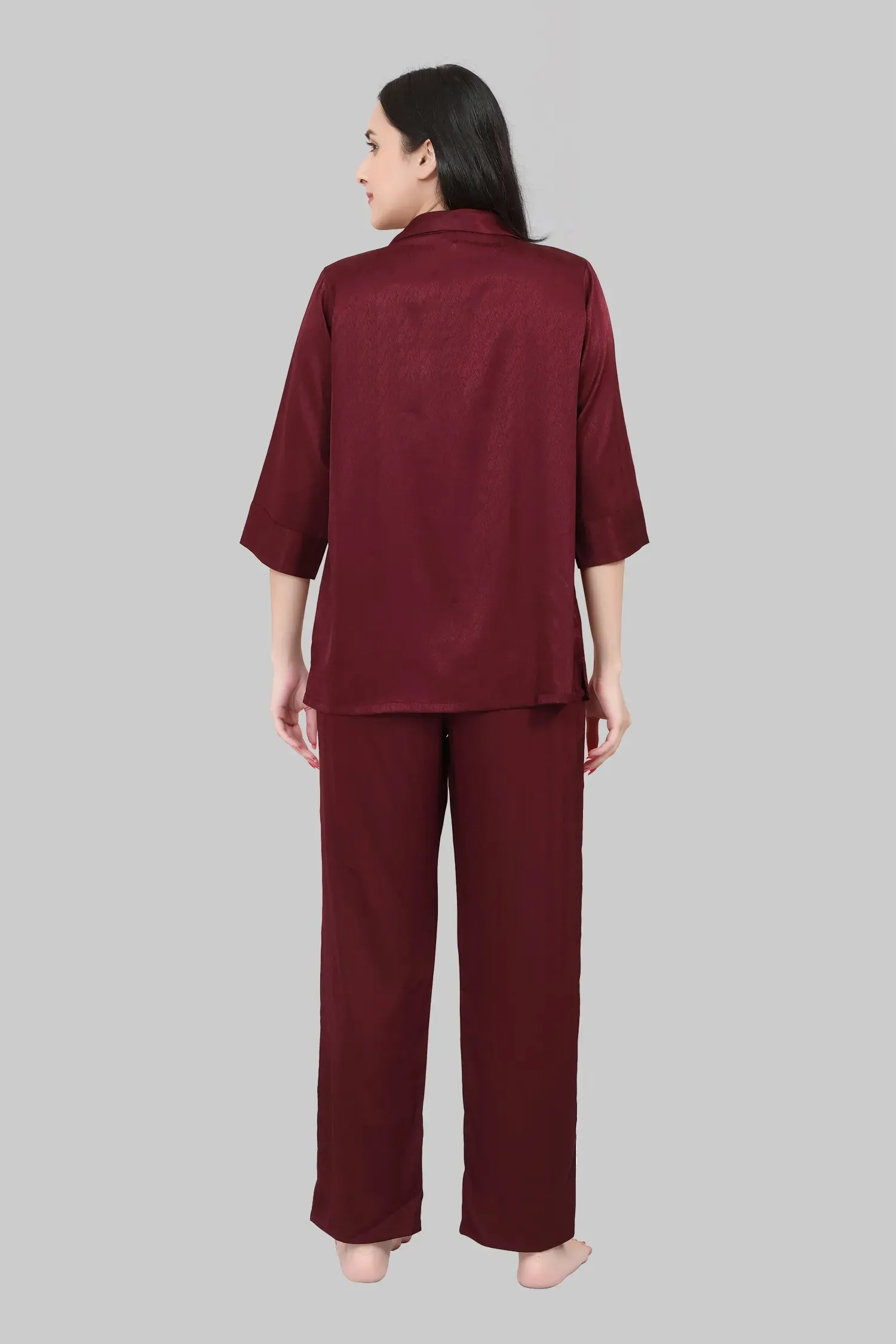 Velure Casual Maroon Satin Night Suit