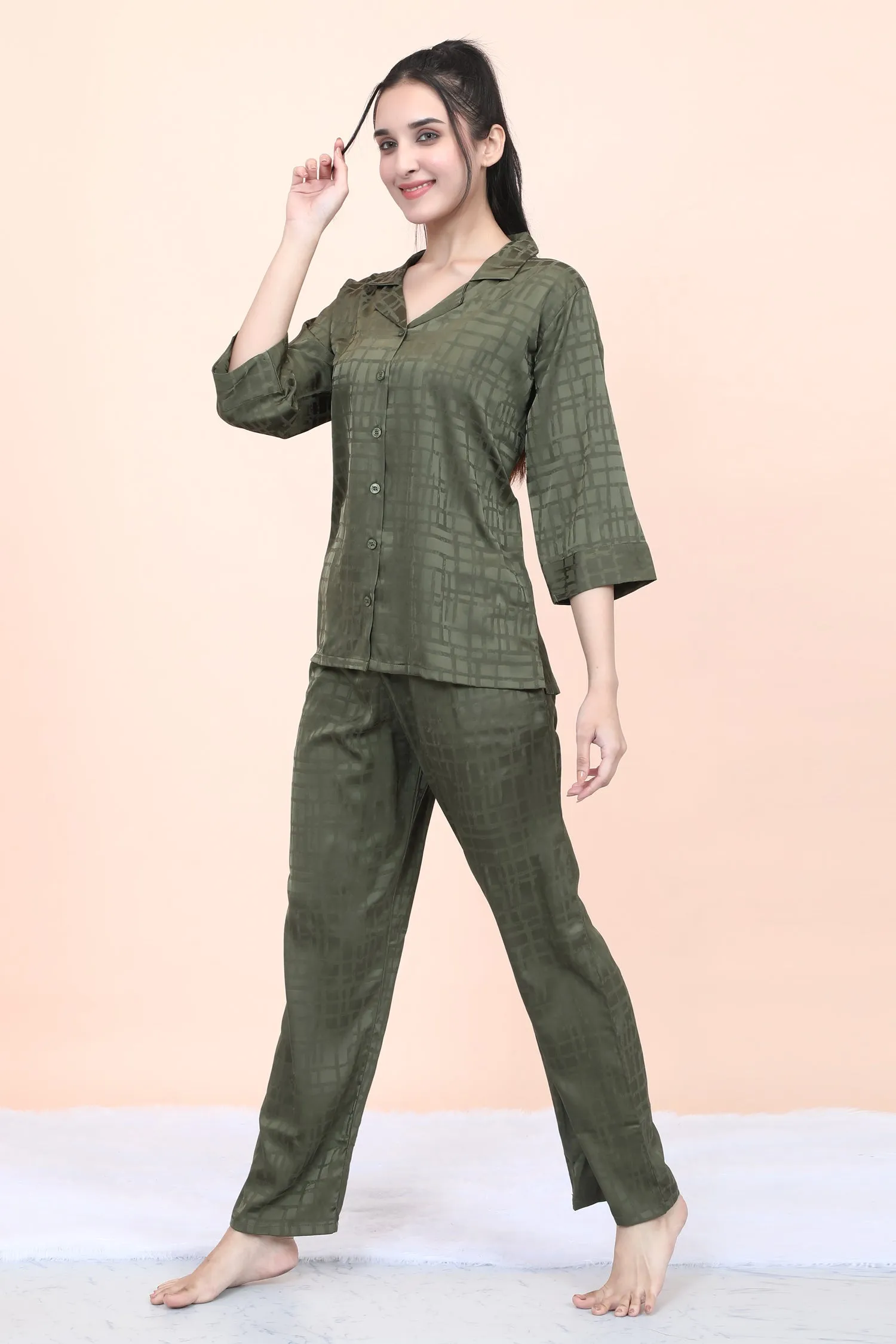 Velure Textured Olive Satin Night Suit