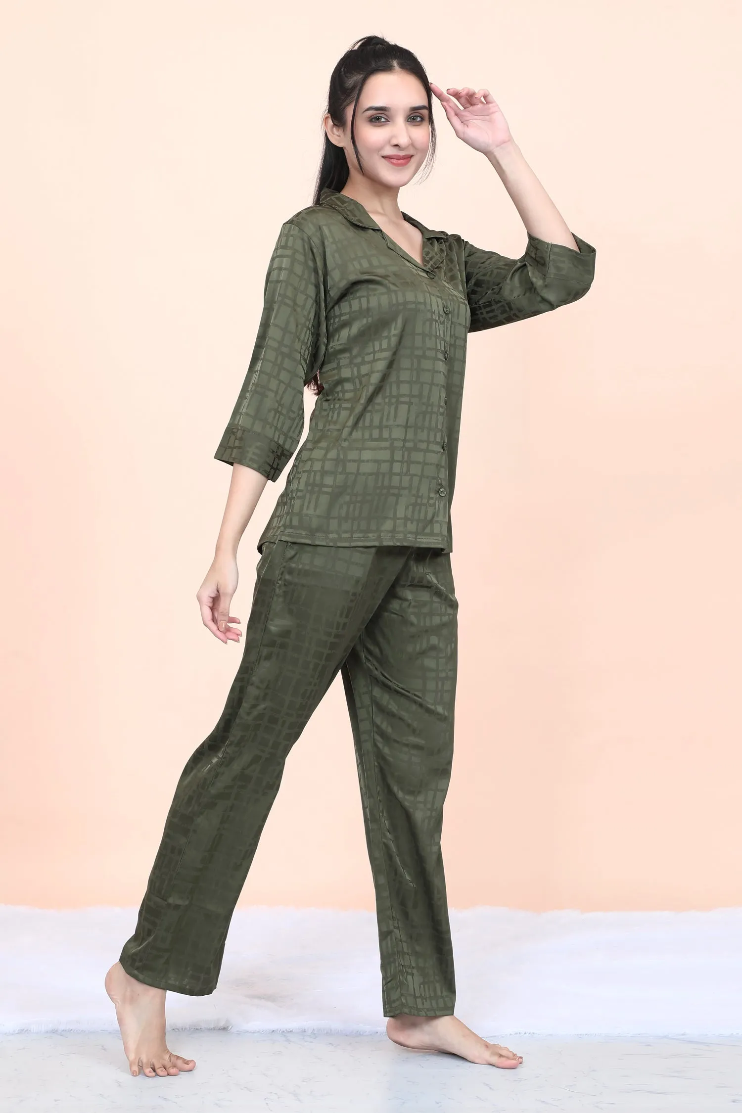 Velure Textured Olive Satin Night Suit