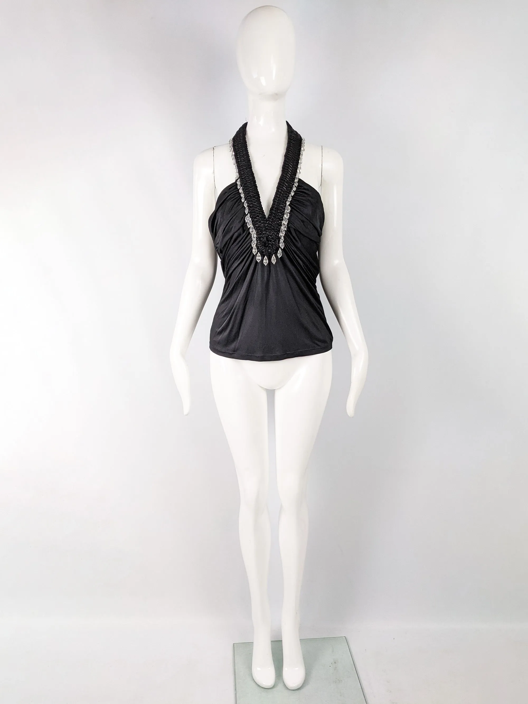 Vintage Black Silky Jersey Beaded Halter Top, S/S 2006