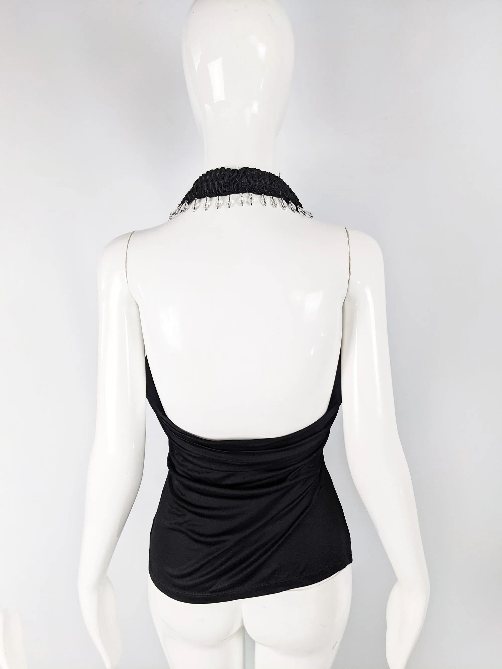 Vintage Black Silky Jersey Beaded Halter Top, S/S 2006