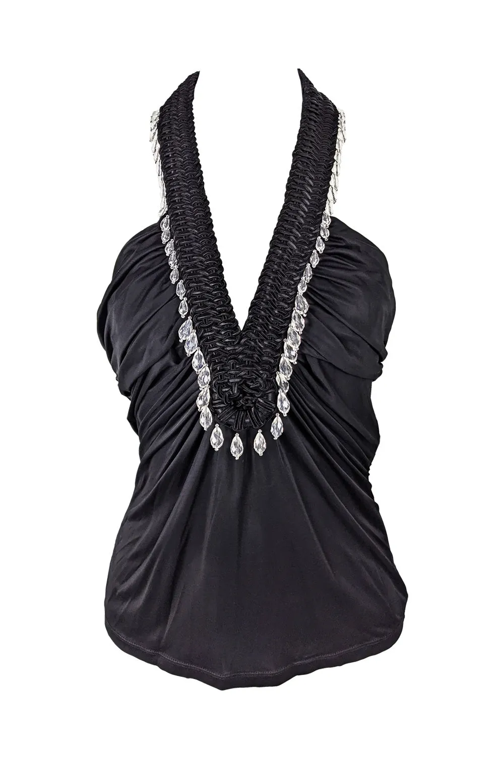 Vintage Black Silky Jersey Beaded Halter Top, S/S 2006