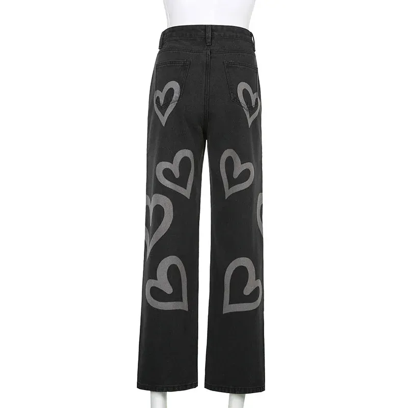 Vintage Heart Printed Wide Legged Jeans