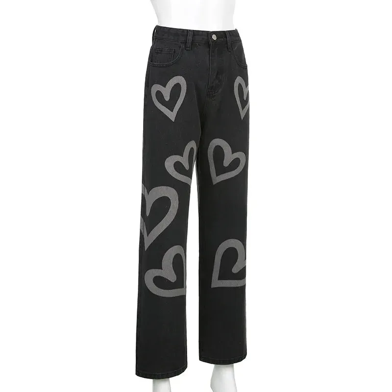 Vintage Heart Printed Wide Legged Jeans