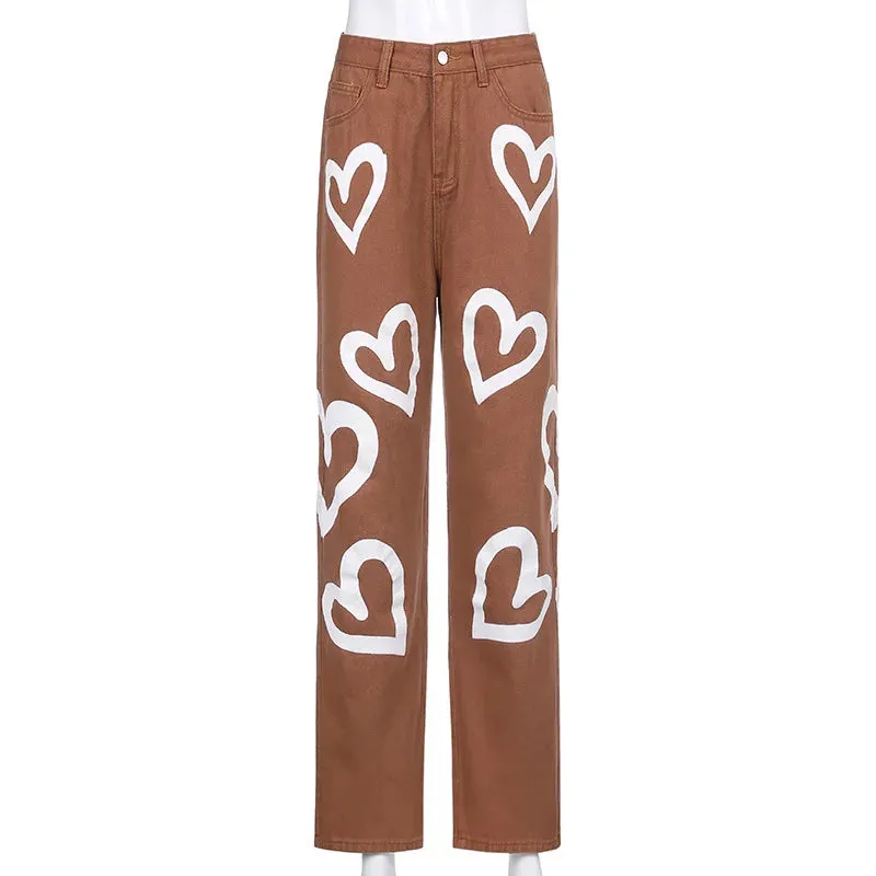 Vintage Heart Printed Wide Legged Jeans