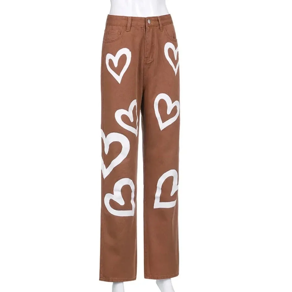 Vintage Heart Printed Wide Legged Jeans