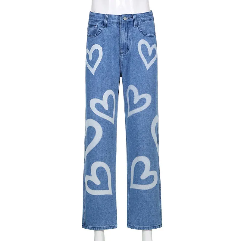 Vintage Heart Printed Wide Legged Jeans