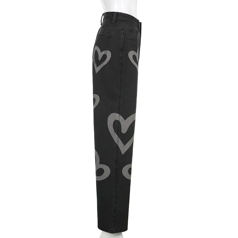 Vintage Heart Printed Wide Legged Jeans