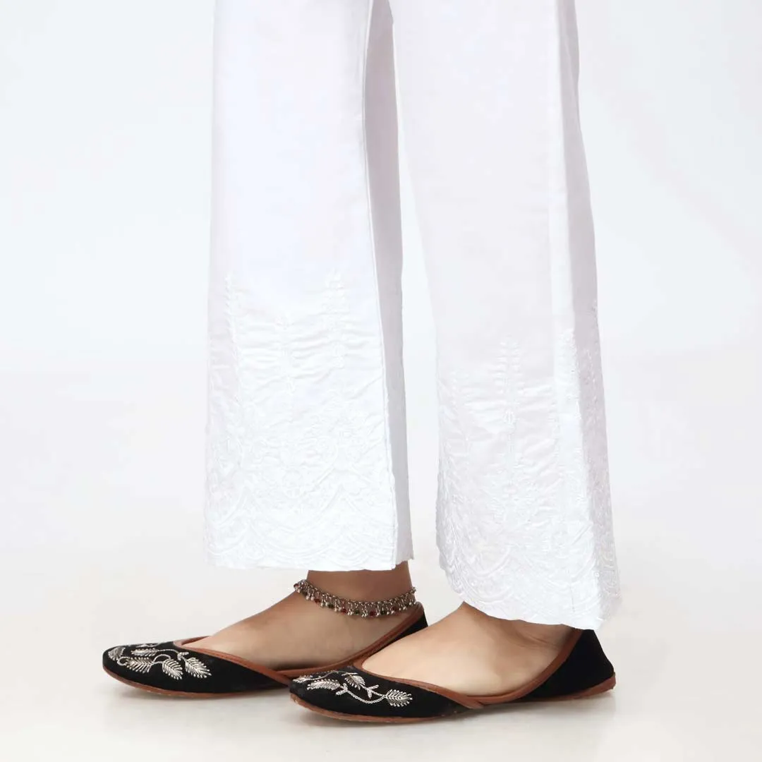 White Embroidered Bell Bottom Cambric Trouser PW3658