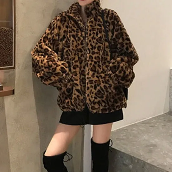 Winter Leopard Fur Jacket Women's Stand collar Warm Parkas Outerwear 2023