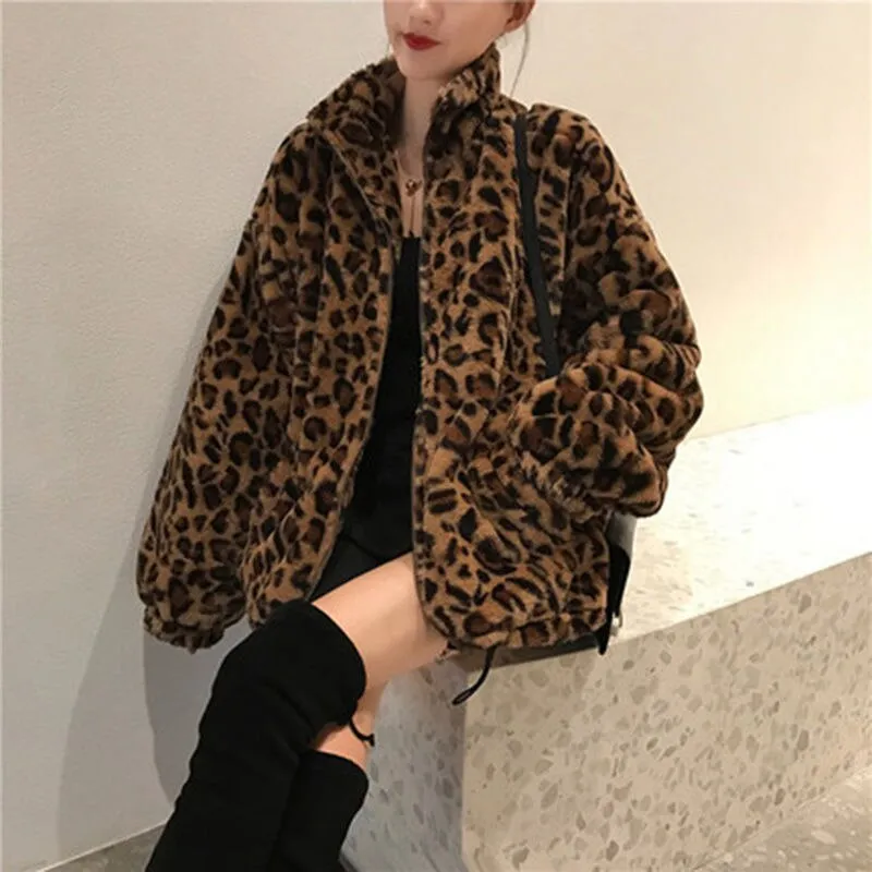 Winter Leopard Fur Jacket Women's Stand collar Warm Parkas Outerwear 2023