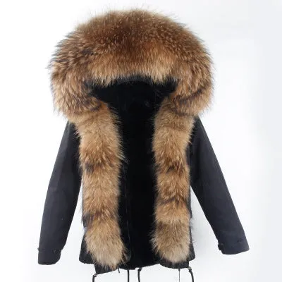 Winter Super warm real fur coat big raccoon fur collar hooded parkas thick outerwear