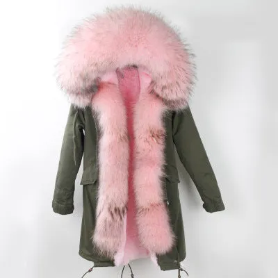 Winter Super warm real fur coat big raccoon fur collar hooded parkas thick outerwear