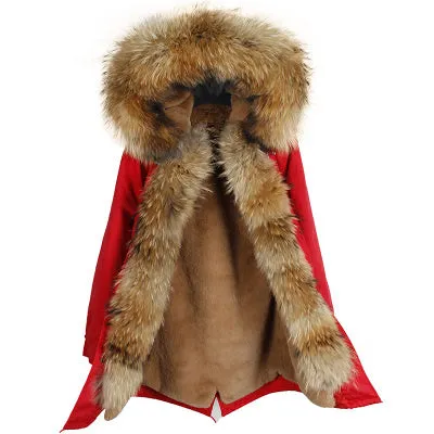 Winter Super warm real fur coat big raccoon fur collar hooded parkas thick outerwear