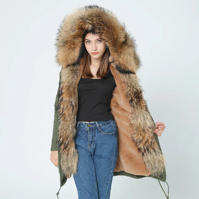 Winter Super warm real fur coat big raccoon fur collar hooded parkas thick outerwear