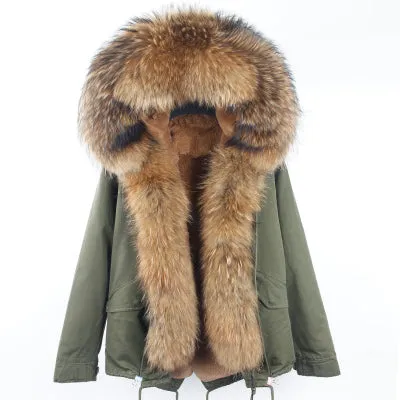 Winter Super warm real fur coat big raccoon fur collar hooded parkas thick outerwear