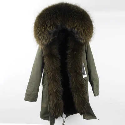 Winter Super warm real fur coat big raccoon fur collar hooded parkas thick outerwear