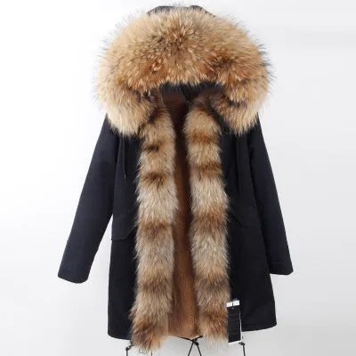 Winter Super warm real fur coat big raccoon fur collar hooded parkas thick outerwear