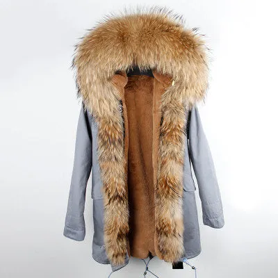 Winter Super warm real fur coat big raccoon fur collar hooded parkas thick outerwear