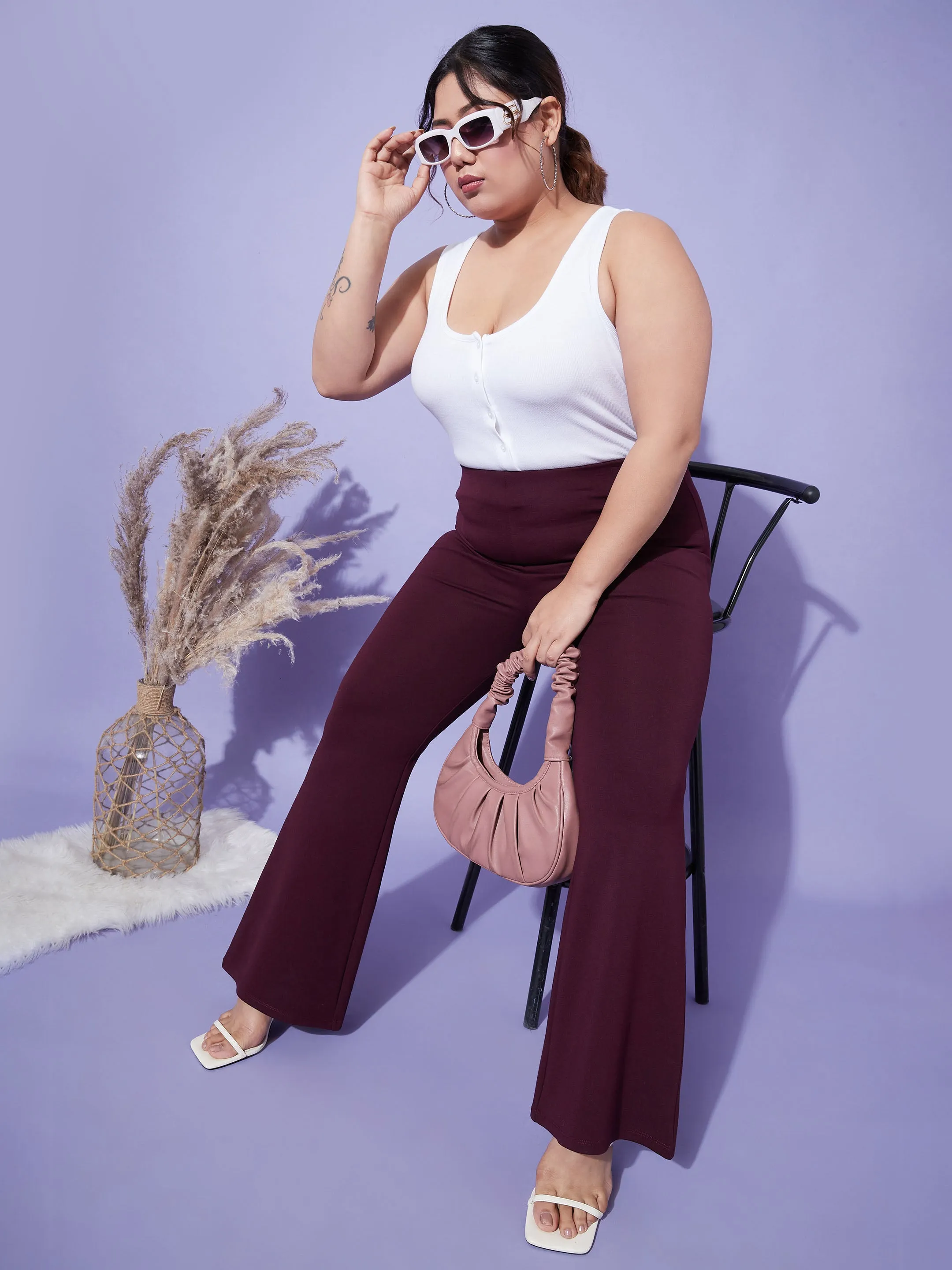 Women Burgundy Bell Bottom 4-Way Stretch Trousers