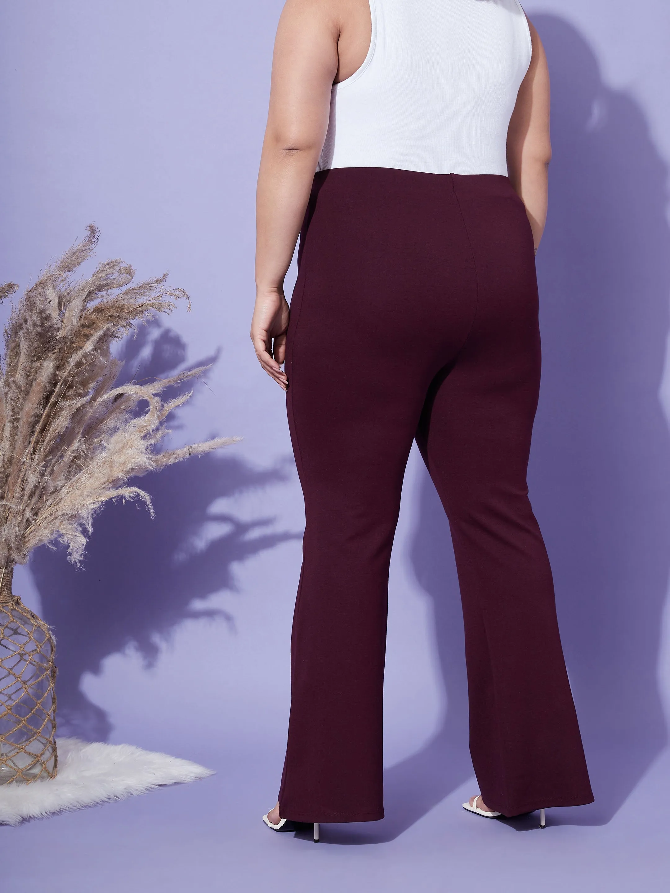 Women Burgundy Bell Bottom 4-Way Stretch Trousers