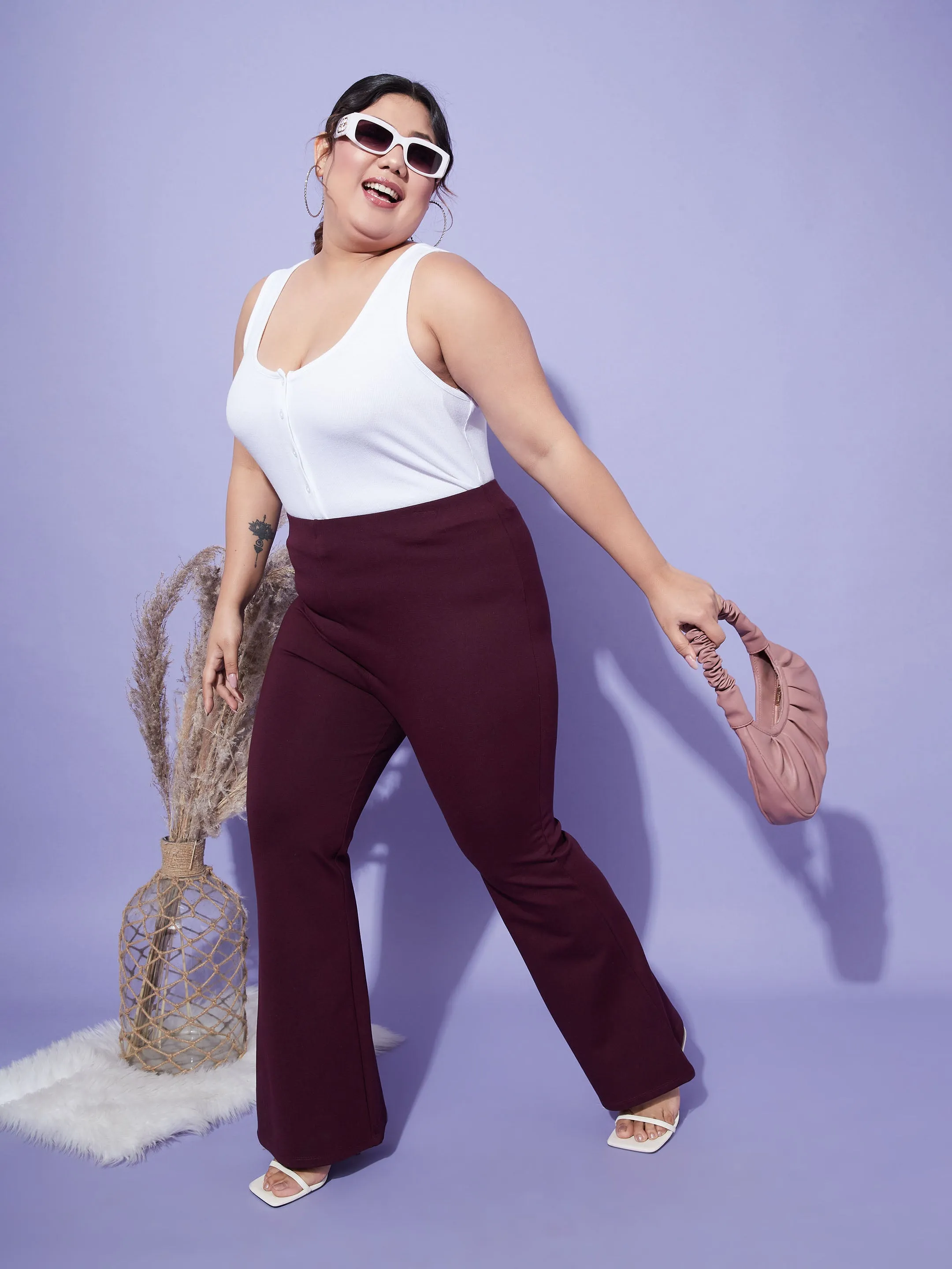 Women Burgundy Bell Bottom 4-Way Stretch Trousers