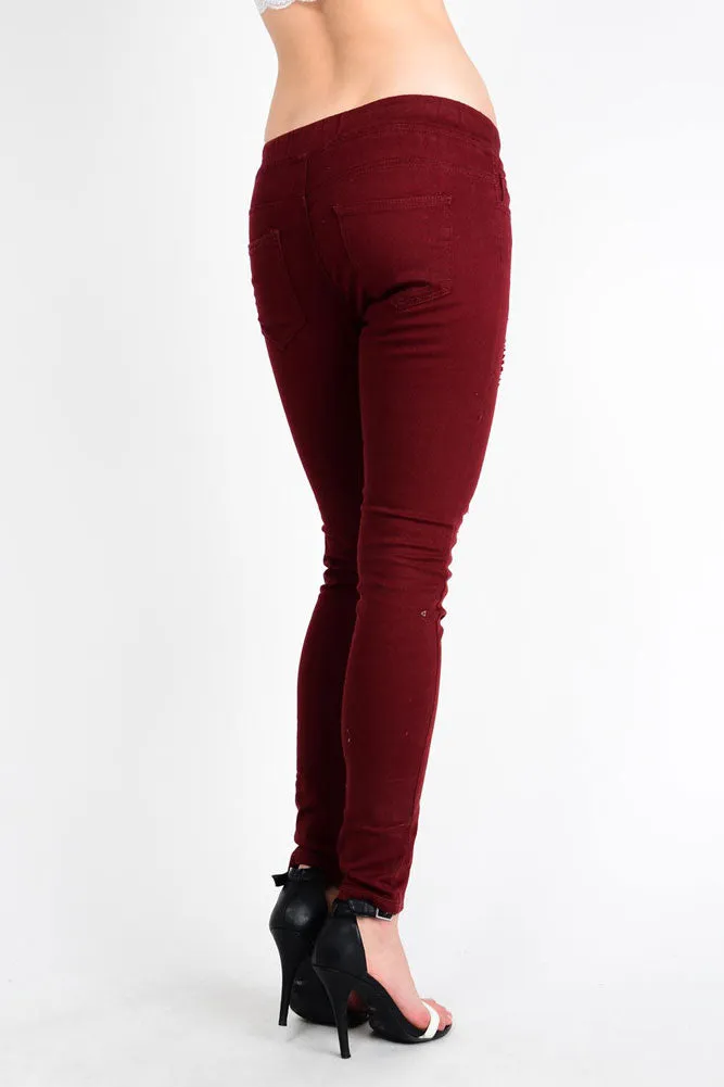 Women's Solid Torn Skinny Jogger Pants