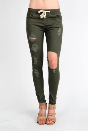 Women's Solid Torn Skinny Jogger Pants